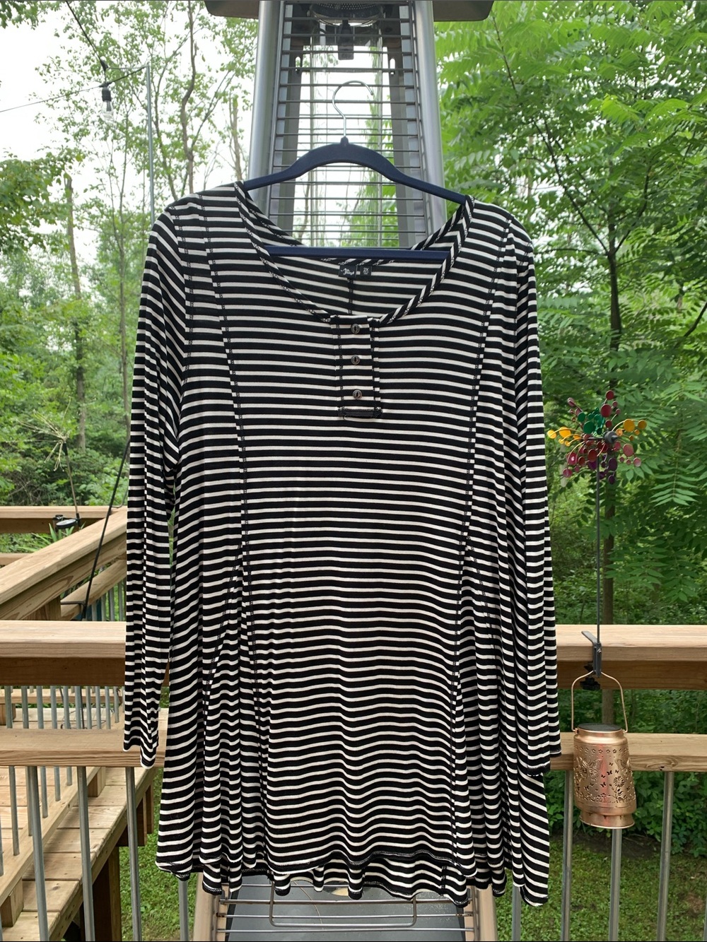 Au Fond Striped Black and White Henley  Long Sleeve Tunic Top